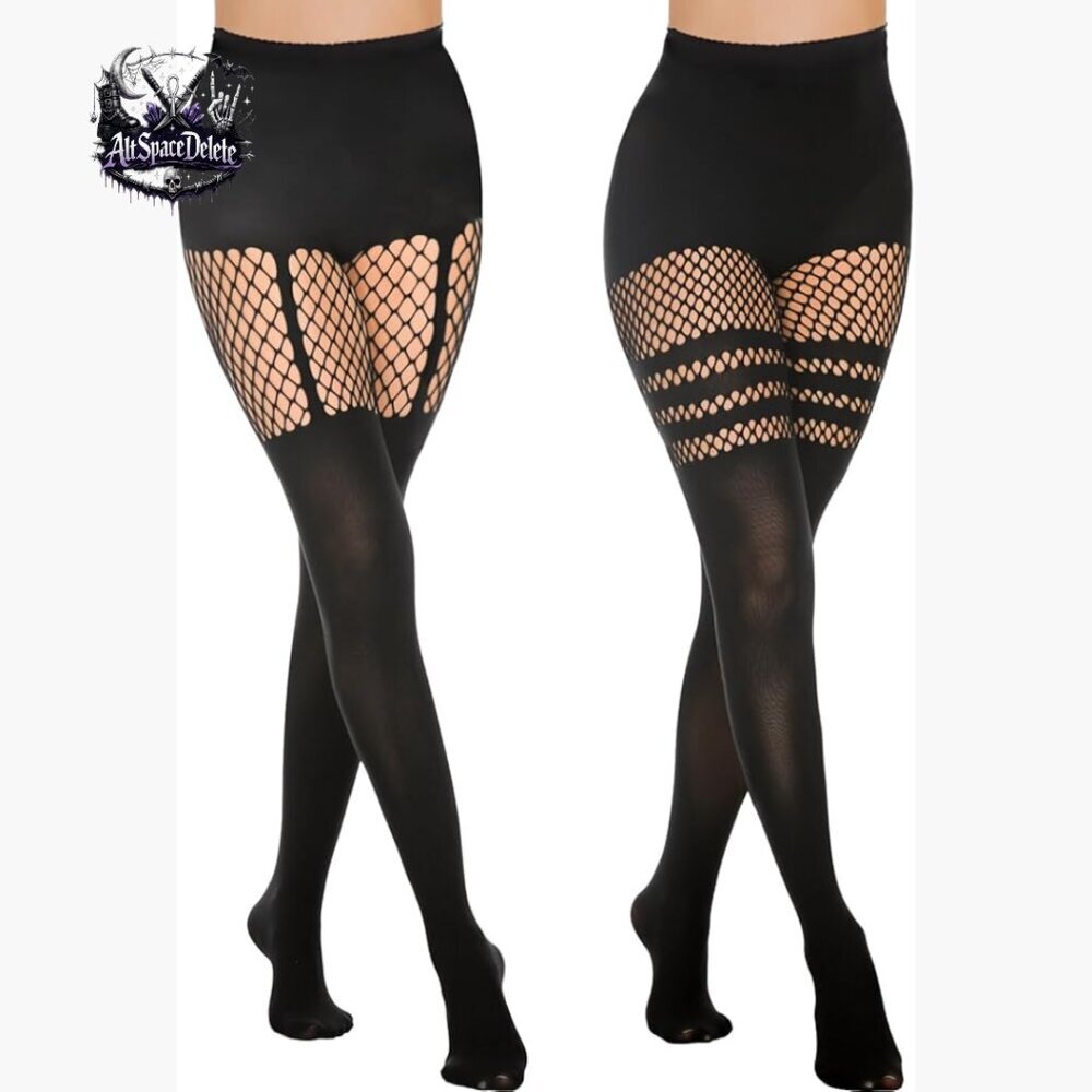 Faux Thigh High Tights Mock Suspender Pantyhose Fishnets Pack of 2